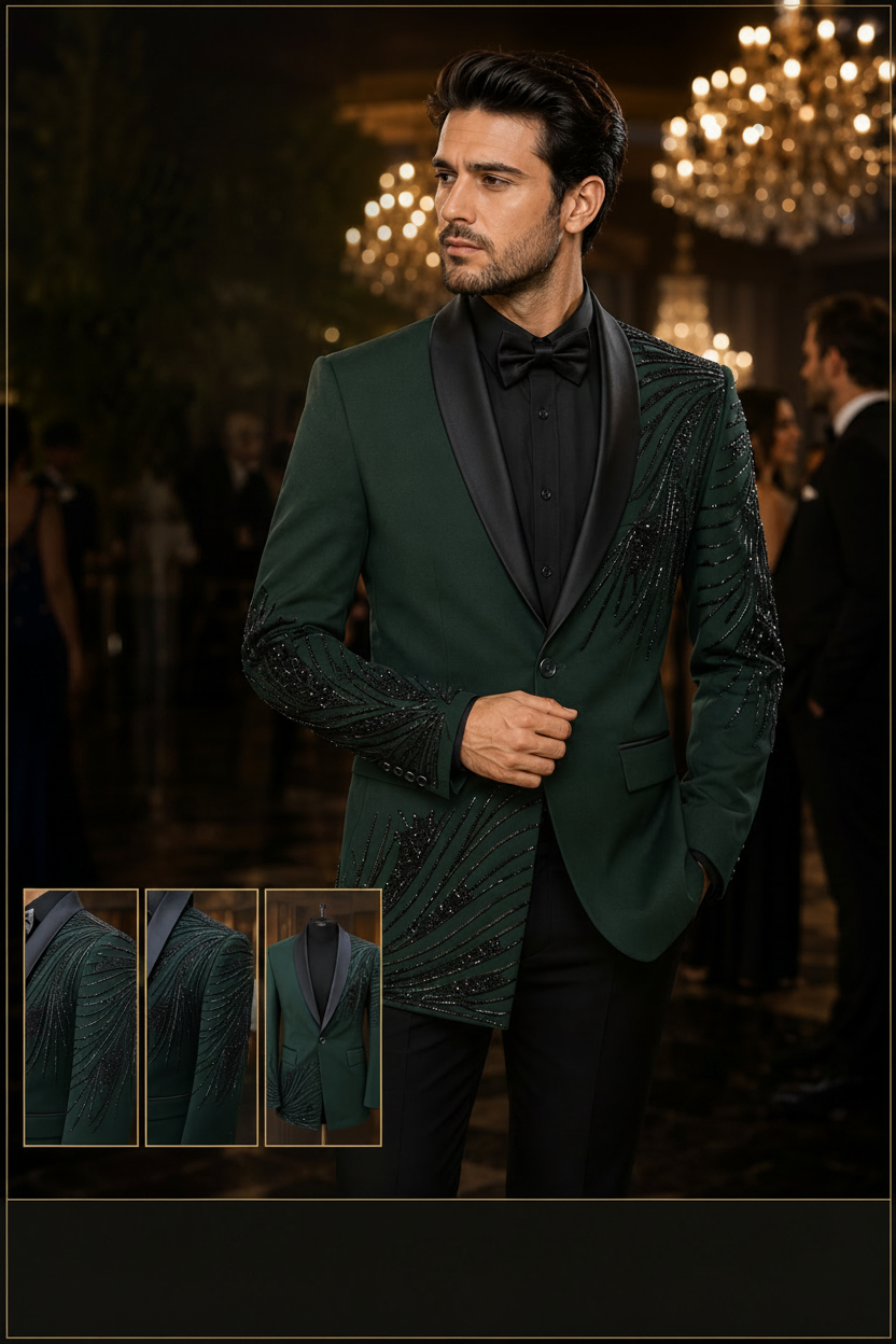 Emerald Green Embroidered Shawl Lapel Tuxedo Set