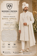 Cream Ivory Sequin Scroll Embroidery Groom Sherwani