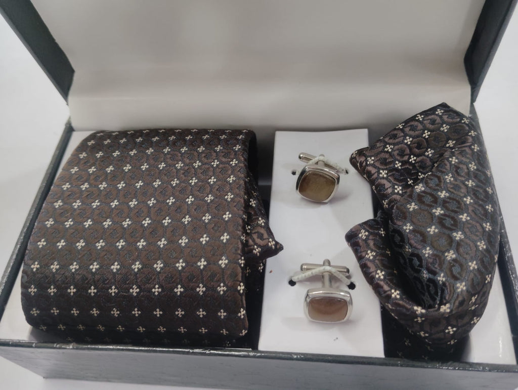 Dark Brown Cross Pattern Silk Tie Gift Set