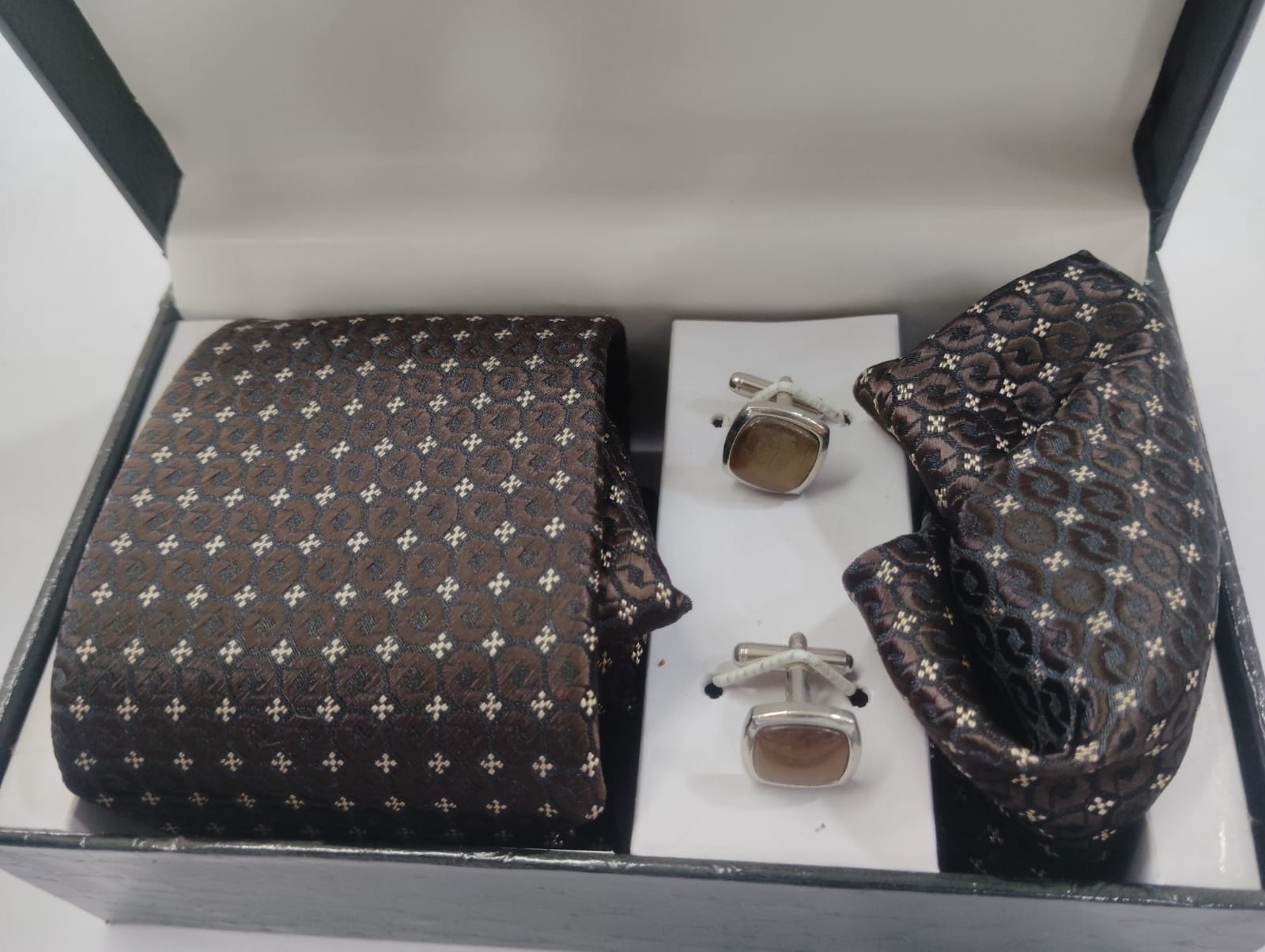 Dark Brown Cross Pattern Silk Tie Gift Set