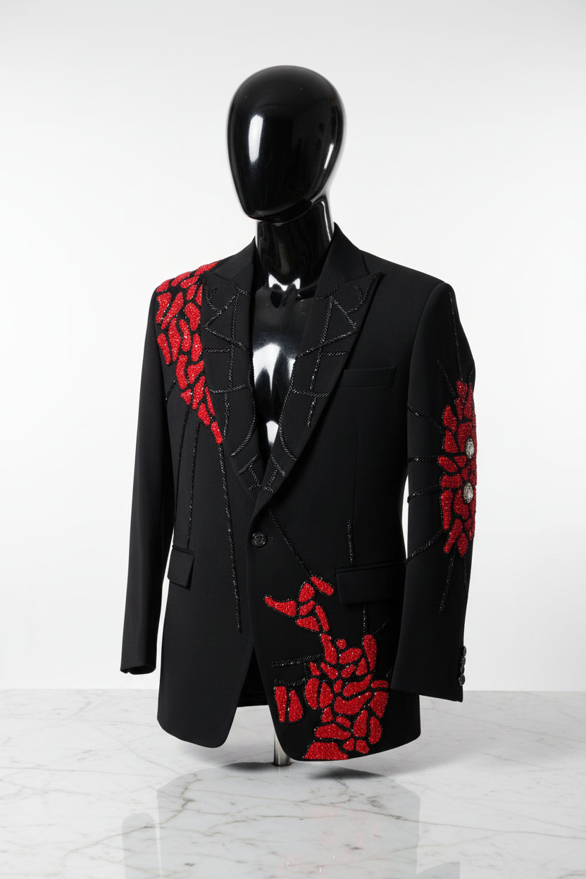 Black Red Crystal Spider Web Embroidered Suit