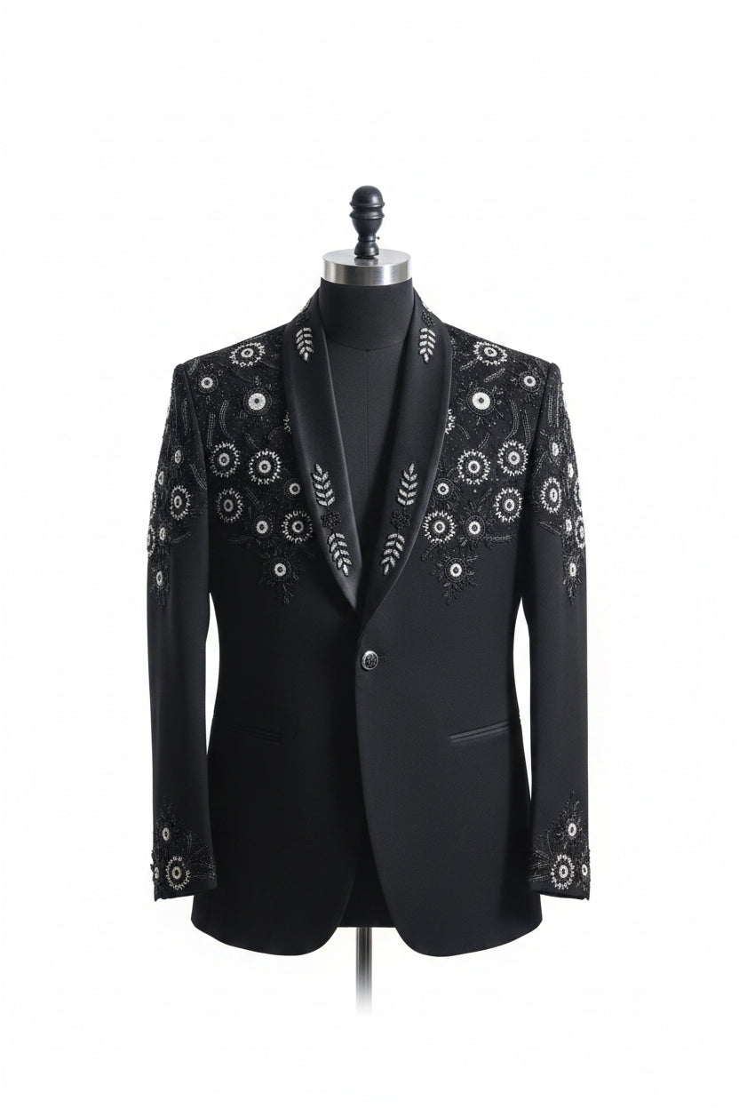 Black Floral Embroidered Shawl Lapel Tuxedo