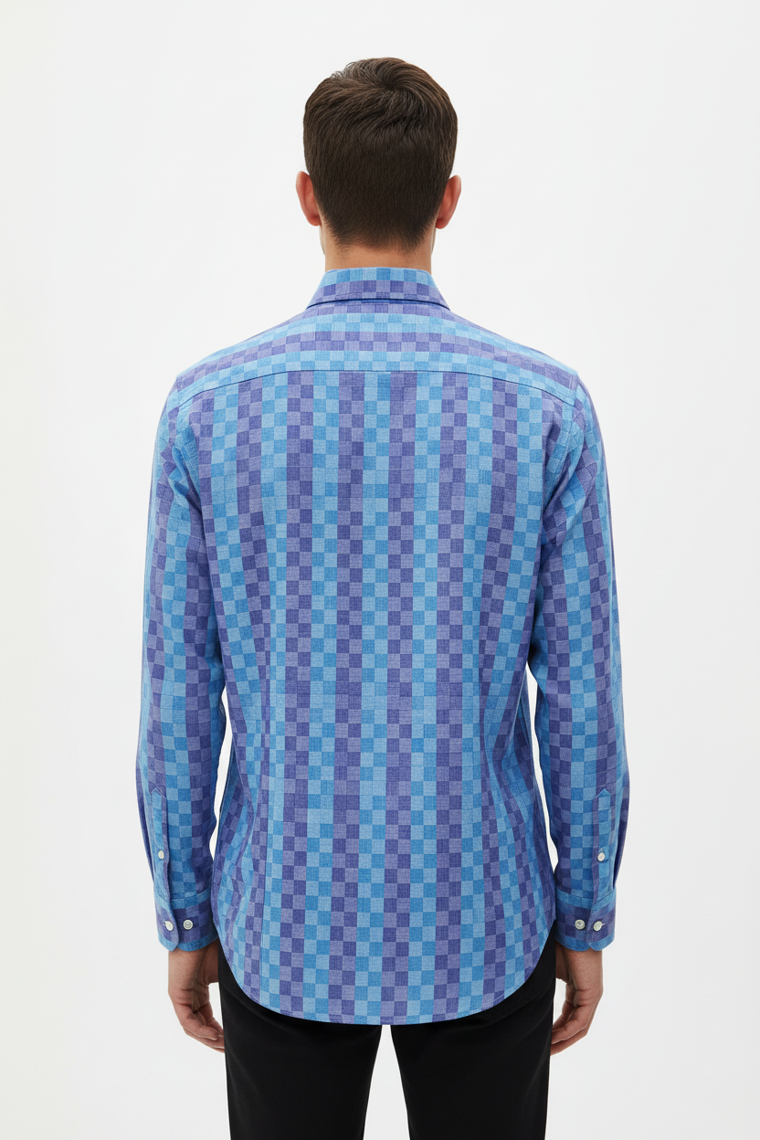 Back View - Blue Checkered Shirt - Male Model