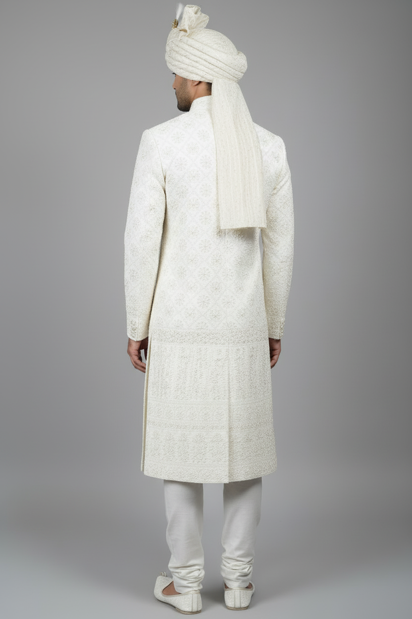 Back view - white sherwani with continuous fabric