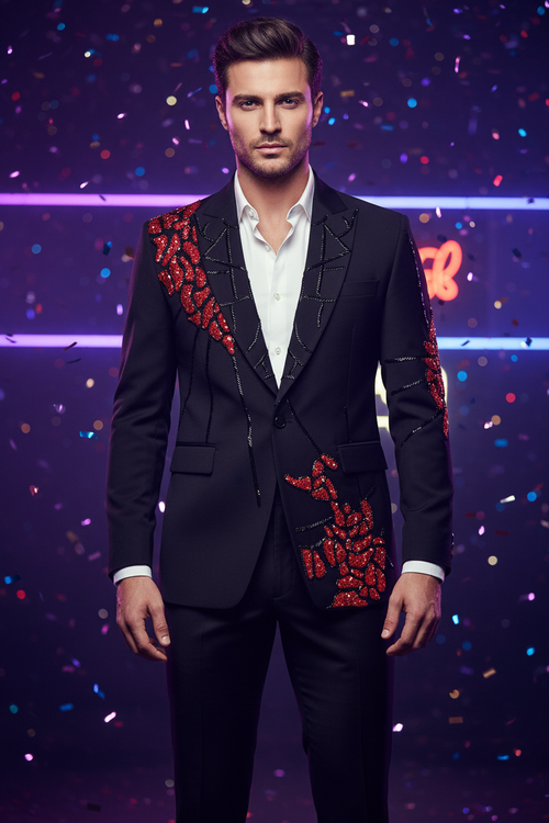 Black Red Embroidered Suit - Party Background