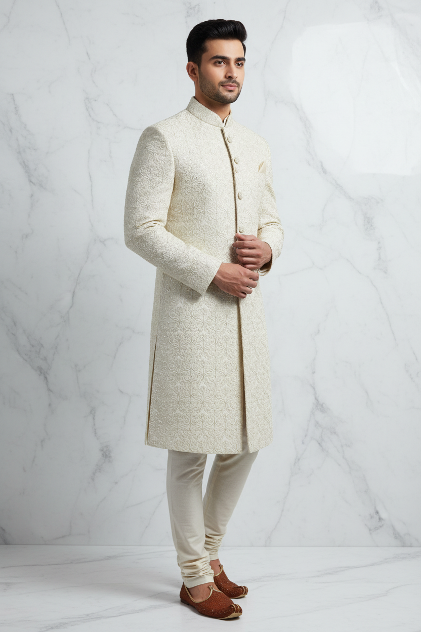 Cream Sherwani Three-Quarter