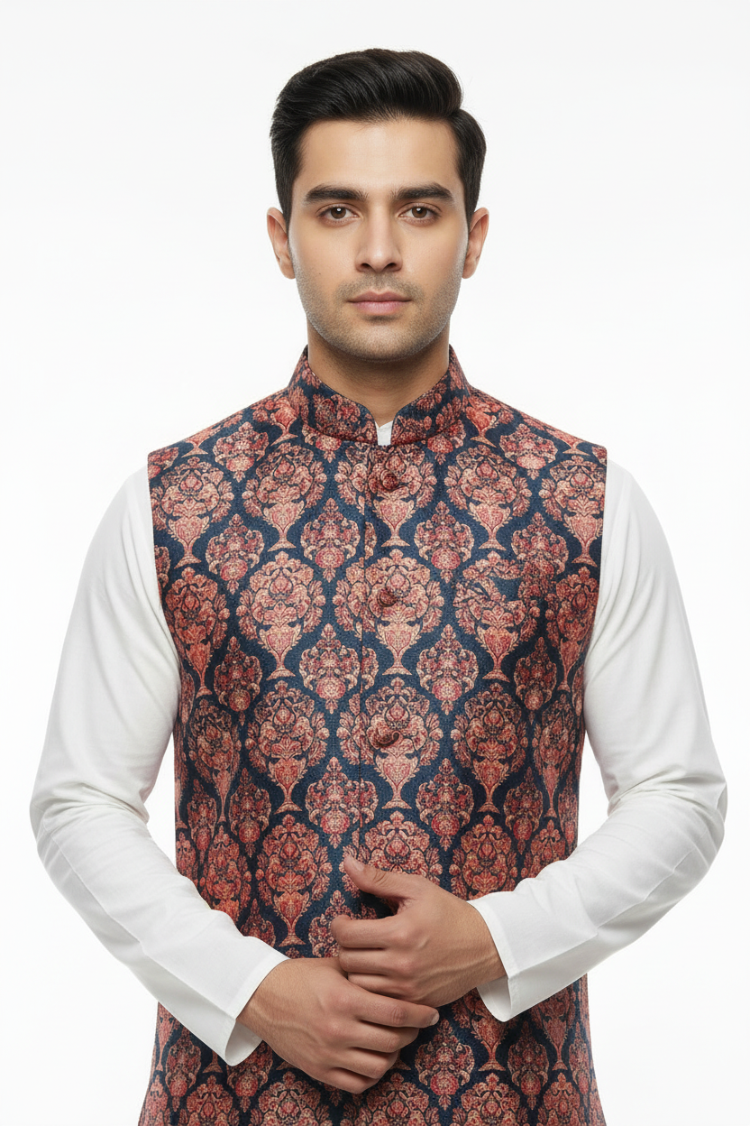 Damask Sadri — zoomed front with white kurta