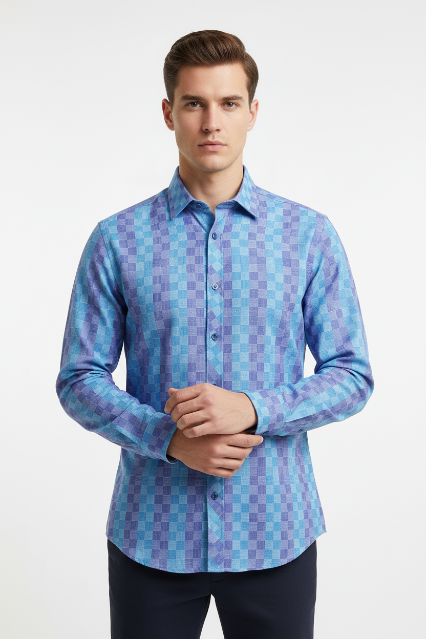 Front View - Blue Checkered Shirt - Male Model