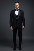 Front view model wearing black embroidered tuxedo