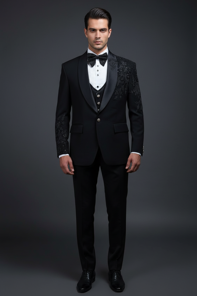 Front view model wearing black embroidered tuxedo