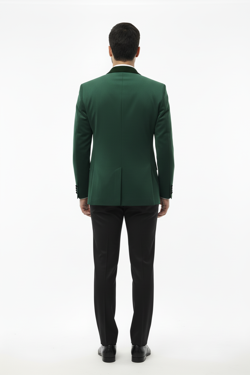 Green blazer black trousers — back