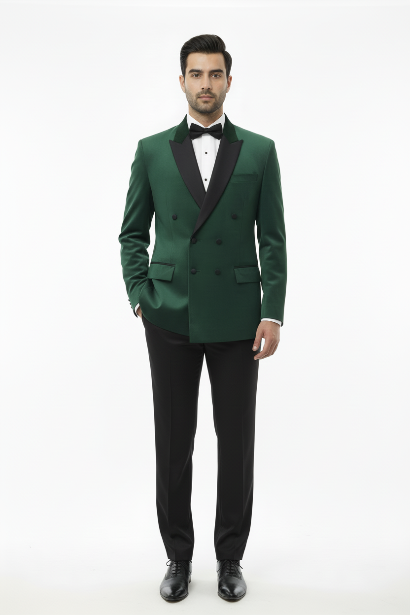 Green blazer jet black trousers — front