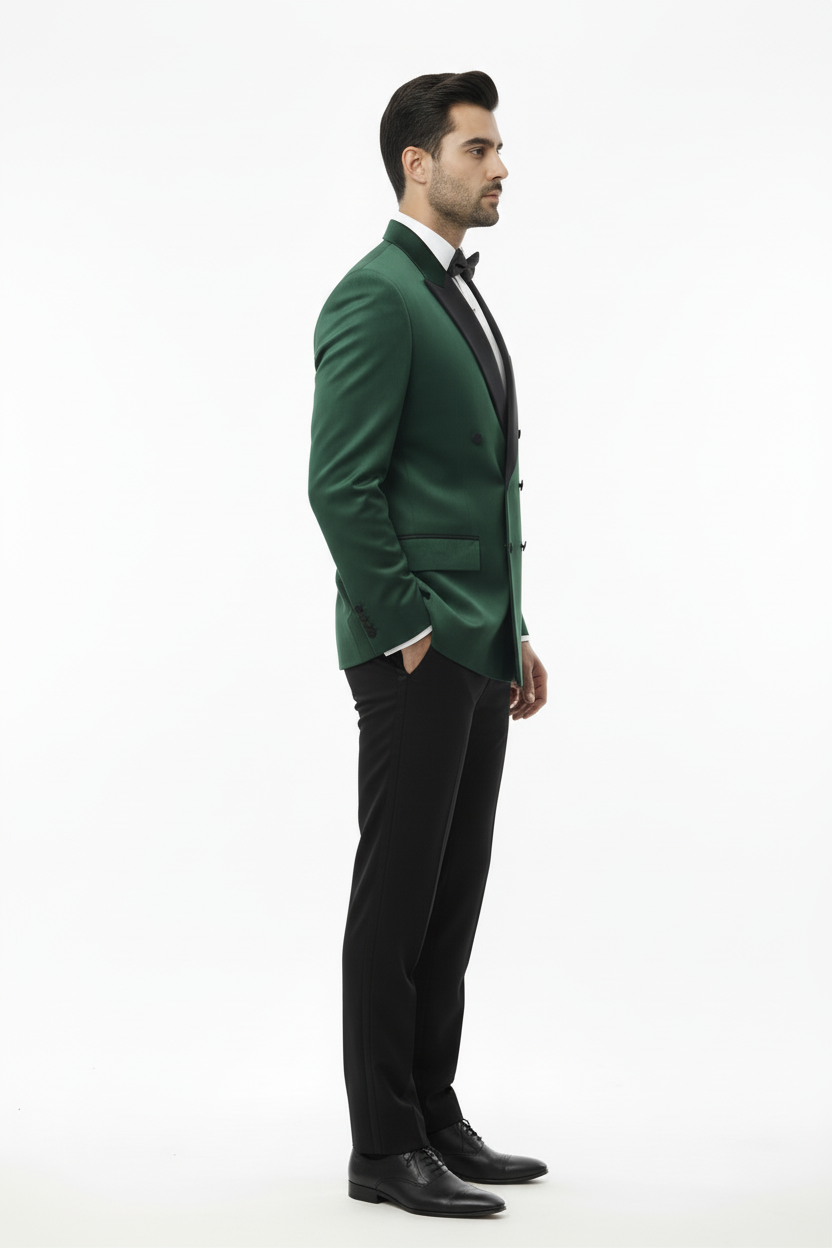 Green blazer jet black trousers — side