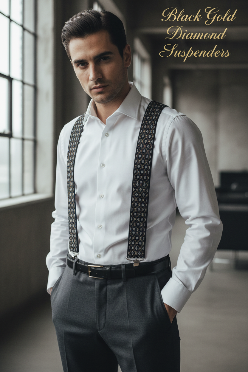 Model wearing Black Gold Diamond Suspenders
