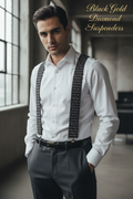 Model wearing Black Gold Diamond Suspenders