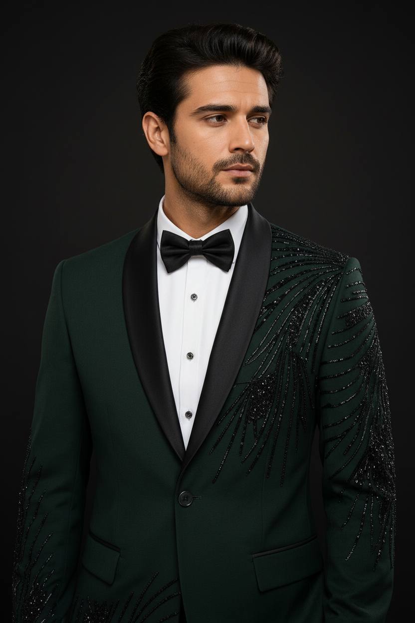 Emerald Tuxedo - White Shirt Embroidery Detail