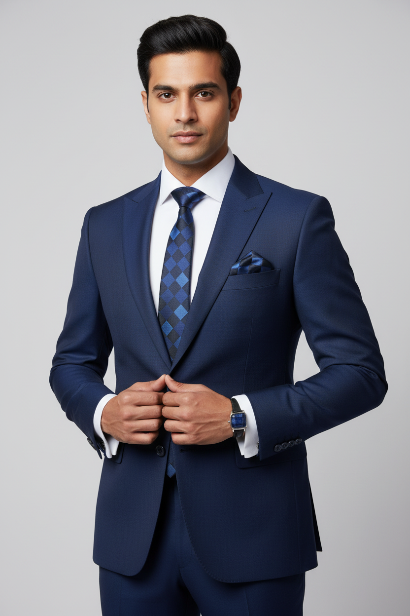 Model wearing navy blue checkered tie, pocket square and cufflinks