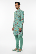 Side view - Indo Western short sherwani in mint floral embroidery fabric