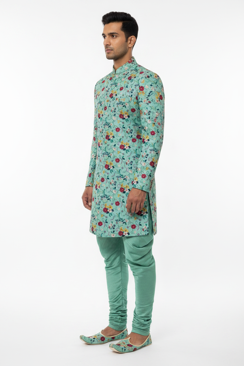 Side view - Indo Western short sherwani in mint floral embroidery fabric