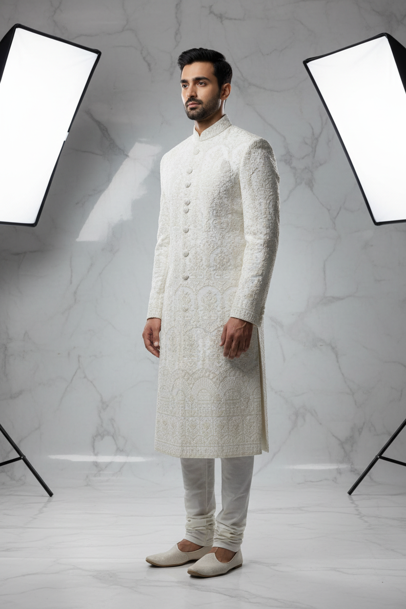 White Mughal Arch Panel Embroidery Groom Sherwani - Side View