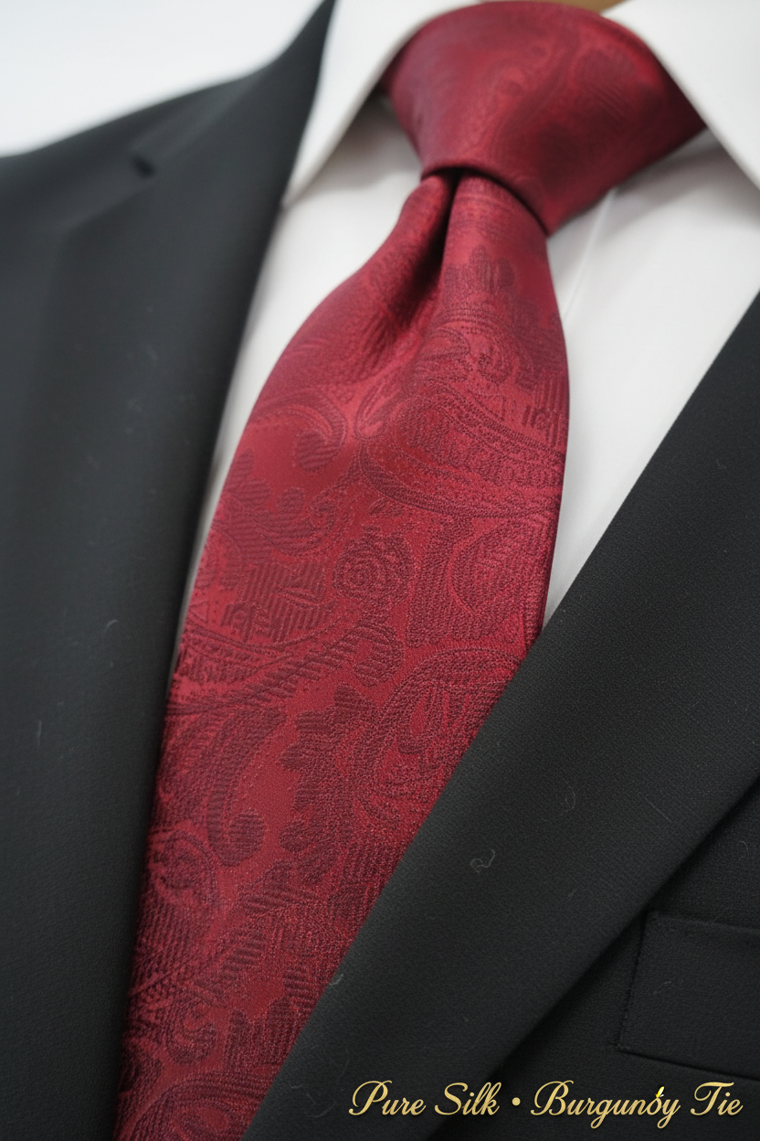 Close-up of burgundy red silk jacquard tie