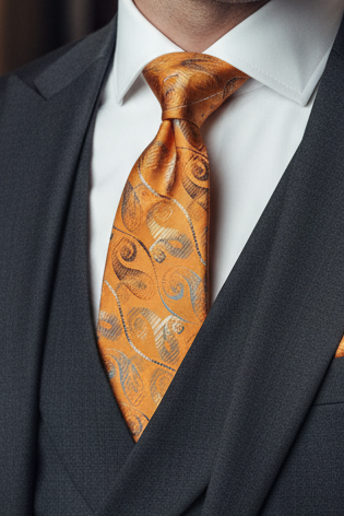 Model wearing Orange Paisley Tie with matching pocket square and cufflinks
