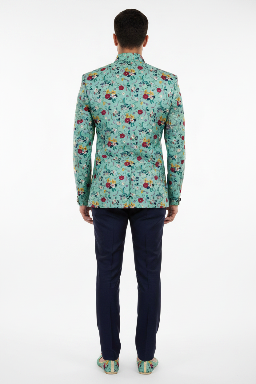 Back view - Bandhgala Prince Suit in mint floral embroidery fabric