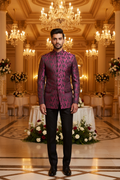 Indoor banquet hall - Bandhgala in pink feather print fabric