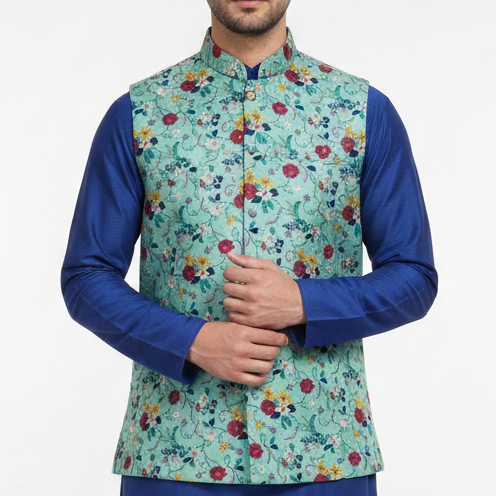 Mint Floral Embroidery Sadri – Sleeveless Jacket  Kurta Pajama Set