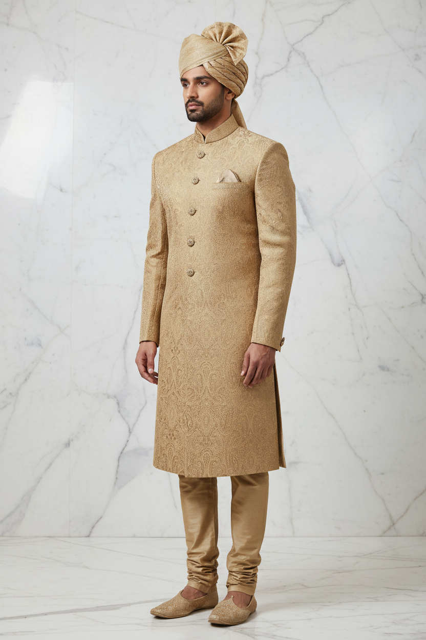 Light Golden Paisley Jacquard Groom Sherwani with Turban - Side View