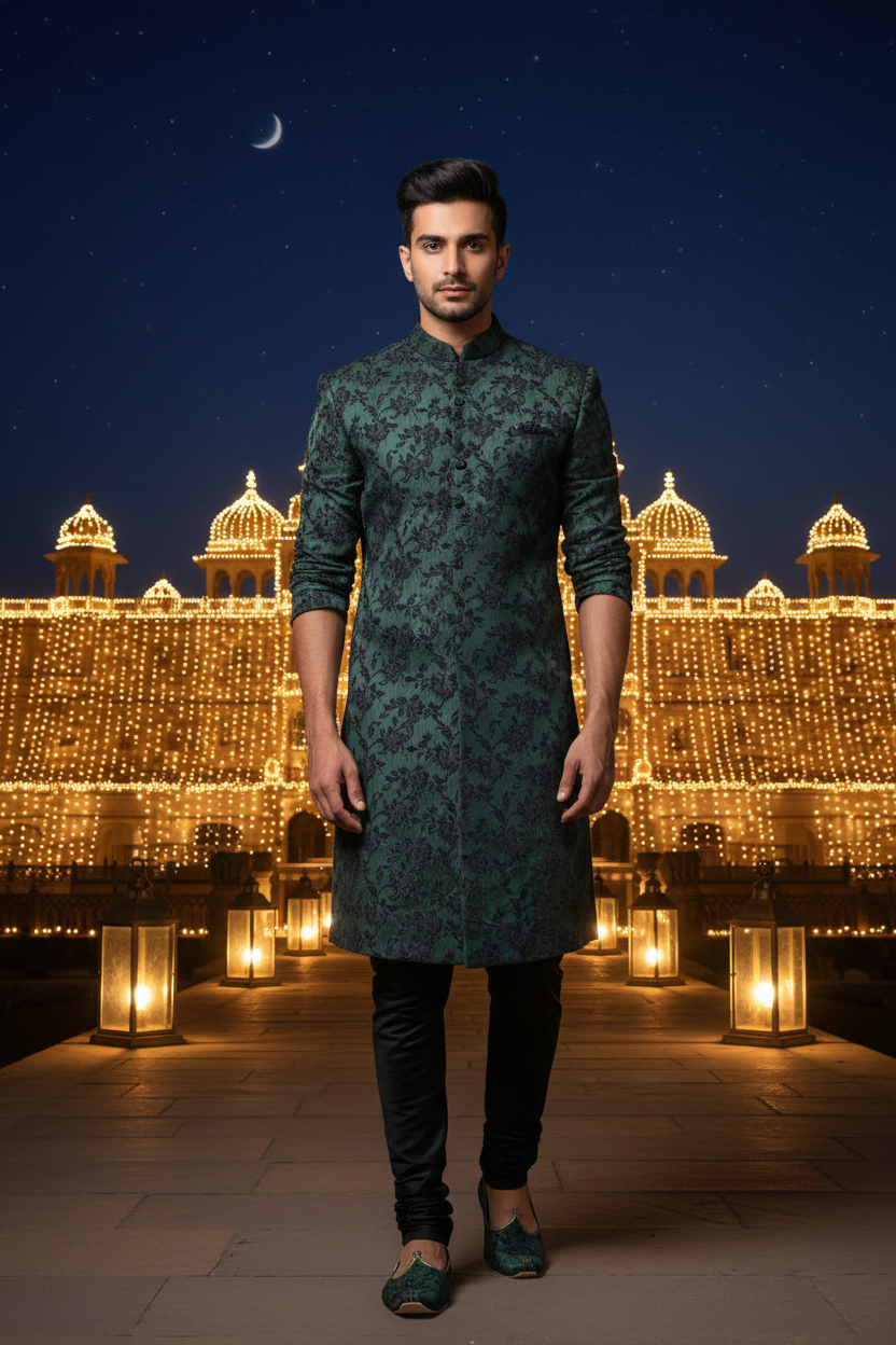 Night palace - Indo Western bottle green floral jacquard