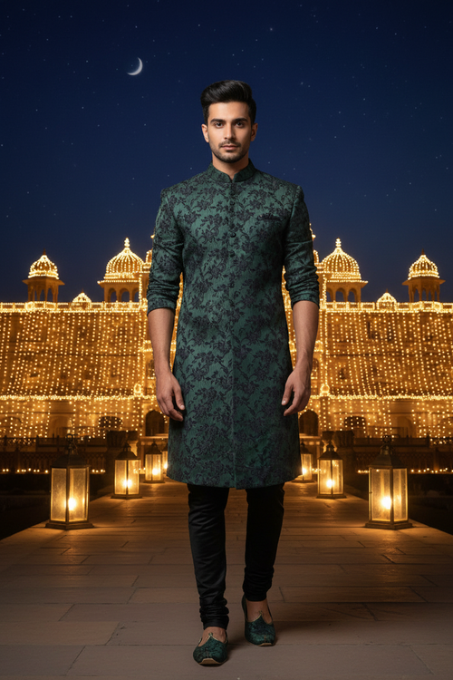 Night palace - Indo Western bottle green floral jacquard