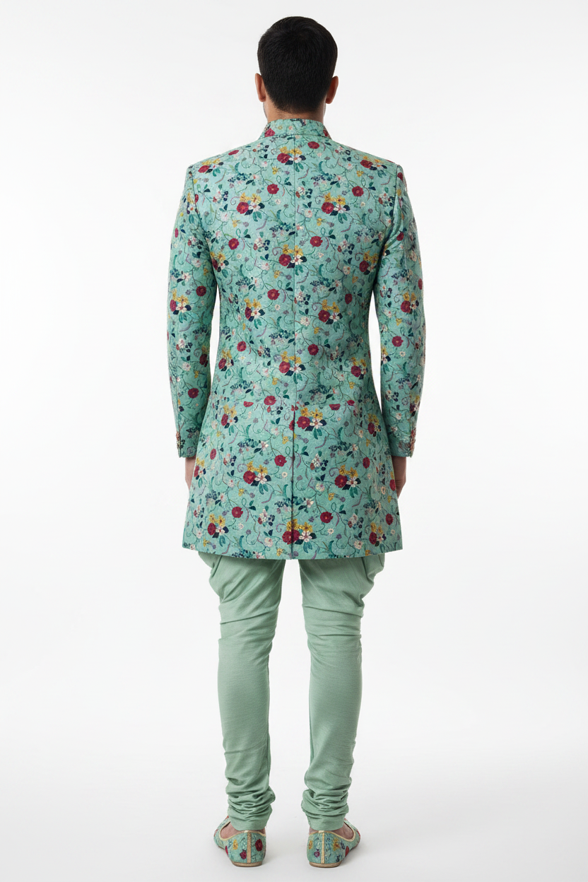 Back view - Indo Western short sherwani in mint floral embroidery fabric