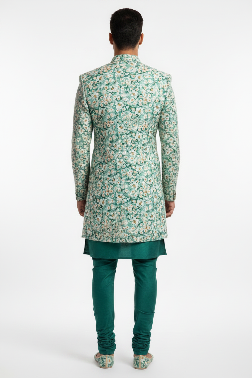 Back view - Indo Western short sherwani in teal daisy print fabric