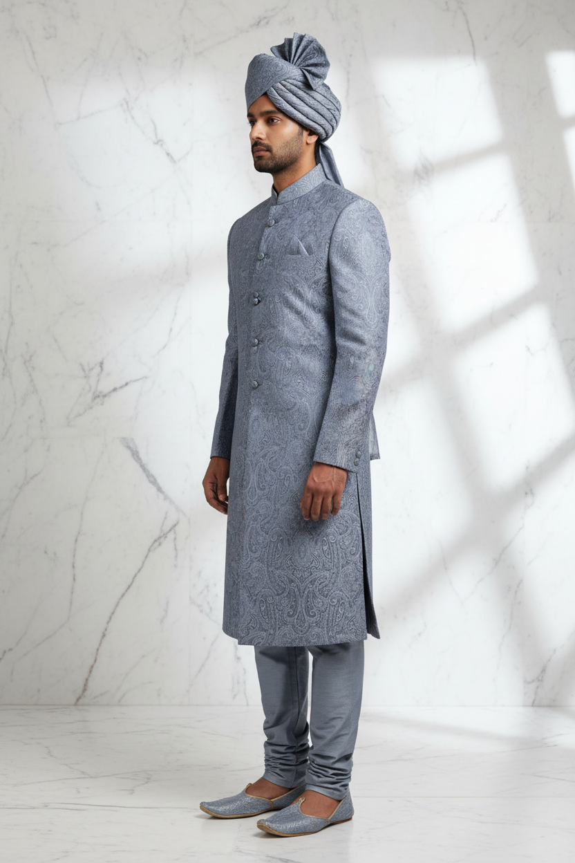 Steel Blue Paisley Jacquard Groom Sherwani with Turban - Side View