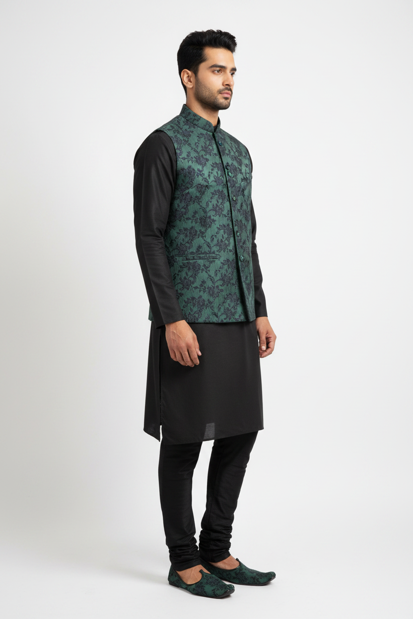 Side view - Sadri bottle green floral jacquard
