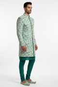 Side view - Indo Western short sherwani in teal daisy print fabric