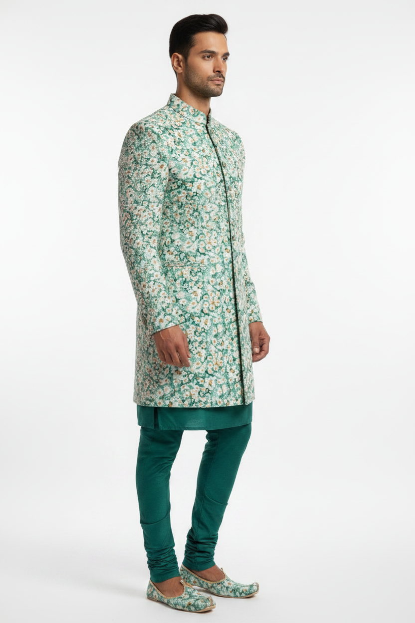 Side view - Indo Western short sherwani in teal daisy print fabric