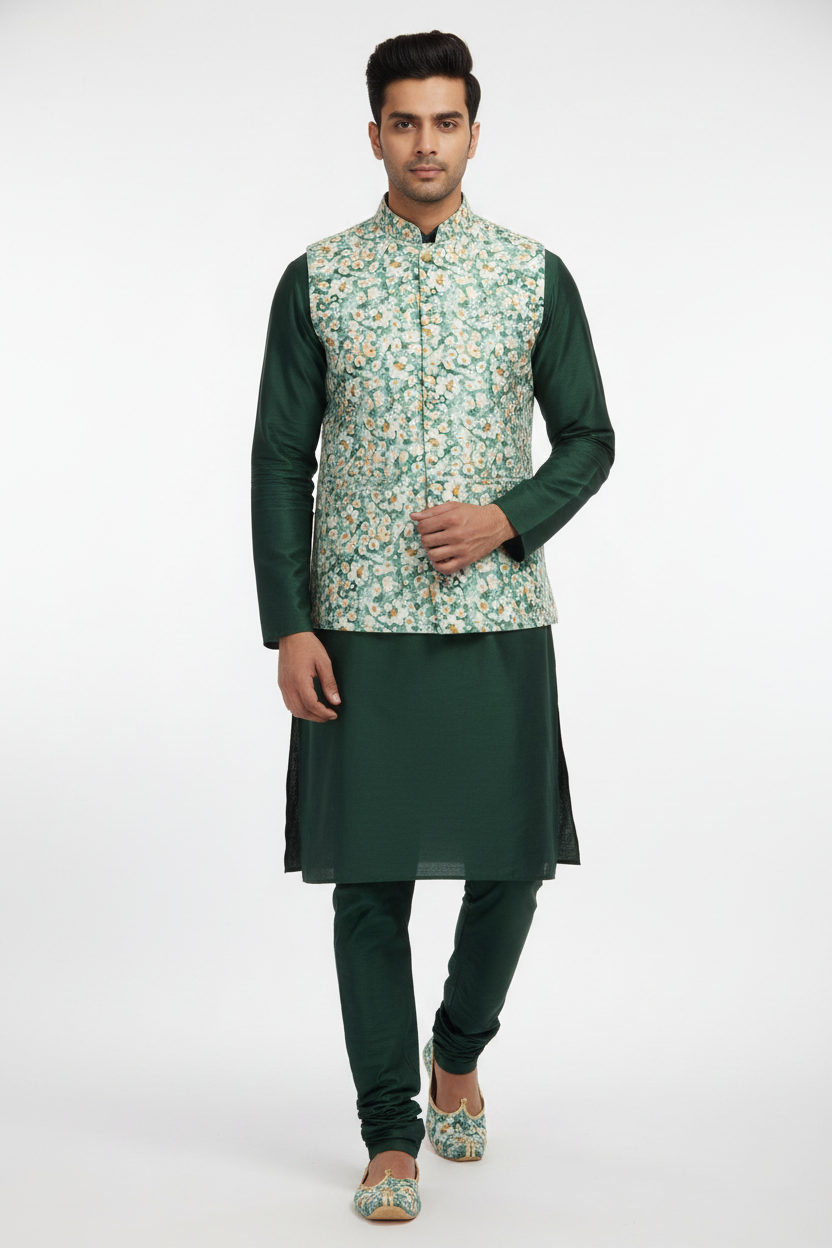 Revised front view - Sadri in teal daisy print fabric over darkest green kurta pajama