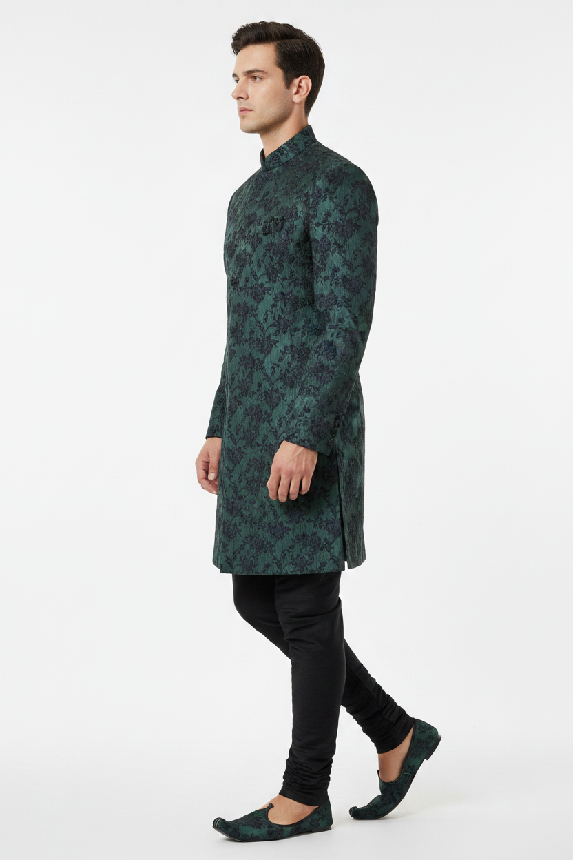 Side view - Indo Western bottle green floral jacquard