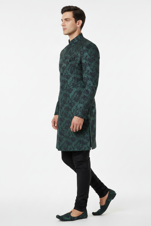 Side view - Indo Western bottle green floral jacquard