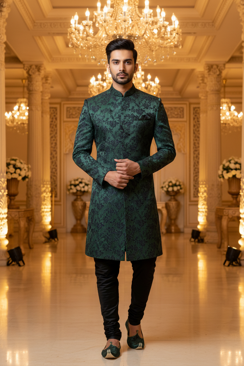 Indoor banquet - Indo Western bottle green floral jacquard
