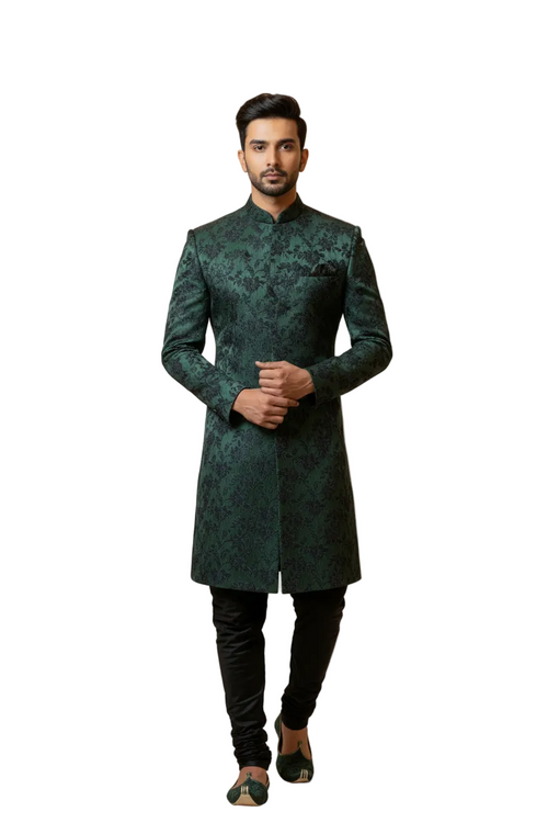 Indoor banquet - Indo Western bottle green floral jacquard