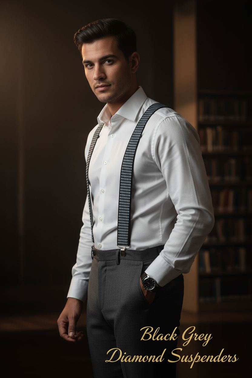Model wearing Black Grey Diamond Suspenders