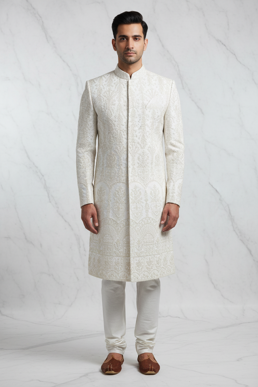 White Mughal Arch Panel Embroidery Groom Sherwani - Front View