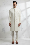 Cream Ivory Sequin Scroll Embroidery Groom Sherwani - Front View