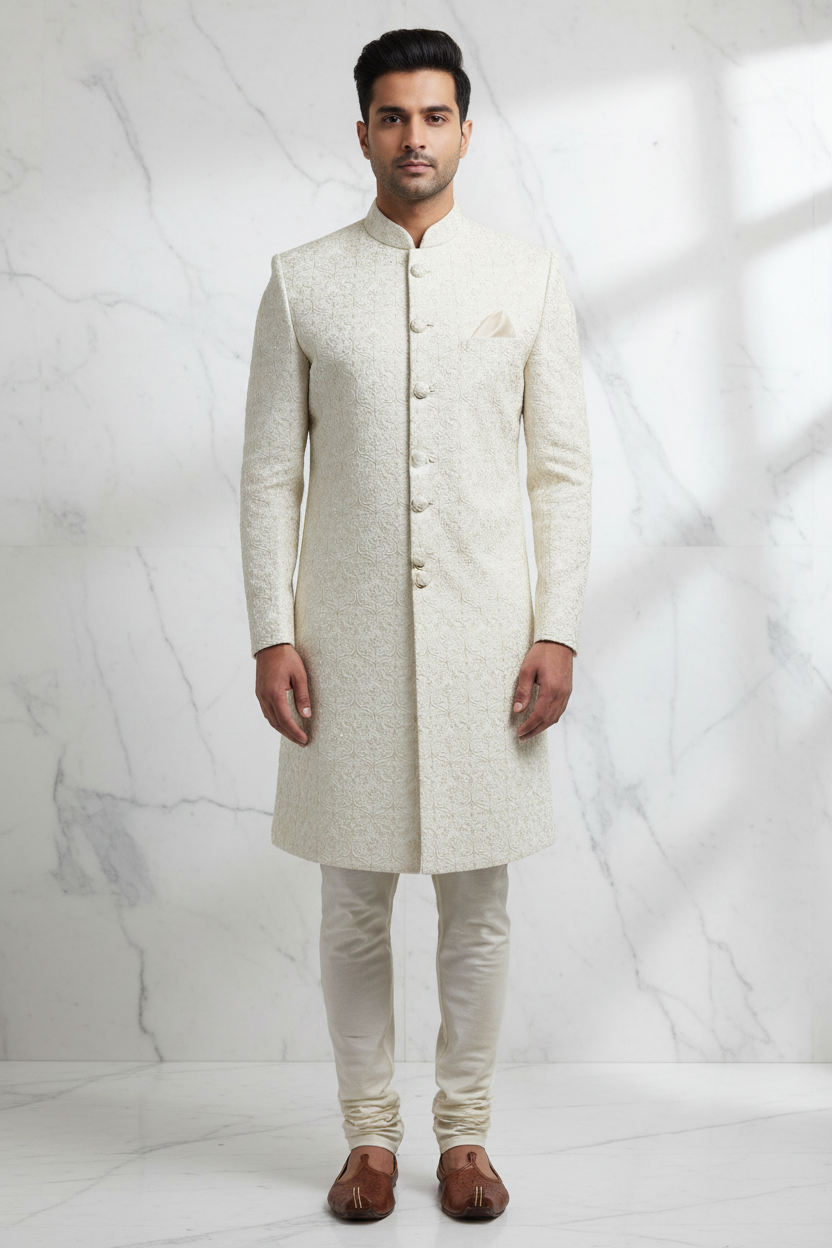 Cream Ivory Sequin Scroll Embroidery Groom Sherwani - Front View