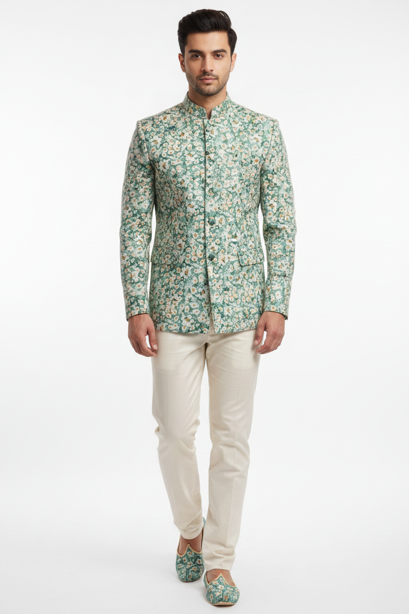 Studio front view - Bandhgala in teal daisy print fabric with cream trousers