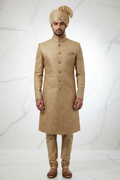 Light Golden Paisley Jacquard Groom Sherwani with Turban - Front View