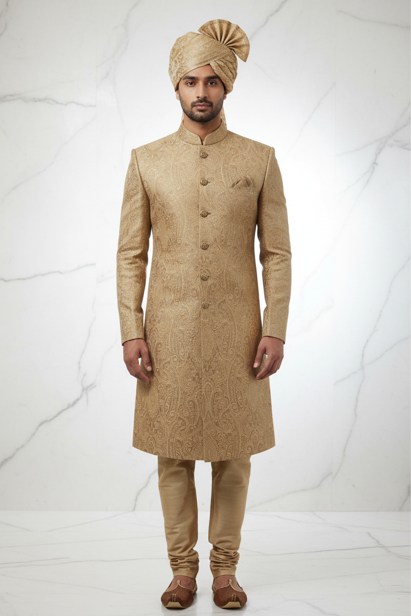 Light Golden Paisley Jacquard Groom Sherwani with Turban - Front View